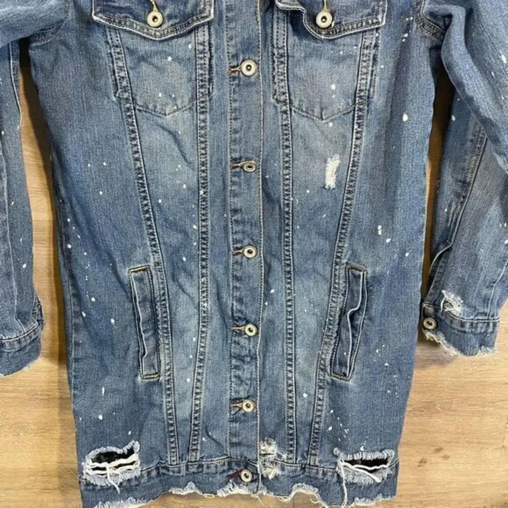 Queen Hearts Womens Long Denim Jacket‎ Blue Size Medium Distressed Grunge Rock - Picture 7 of 12